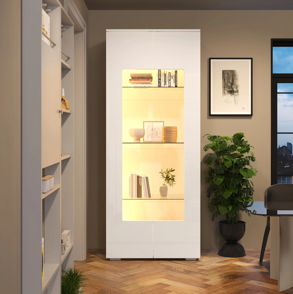 Vetrina soggiorno 70x40x173 cm con 2 ante in acrilico; LED USB e frontale lucido; bianca