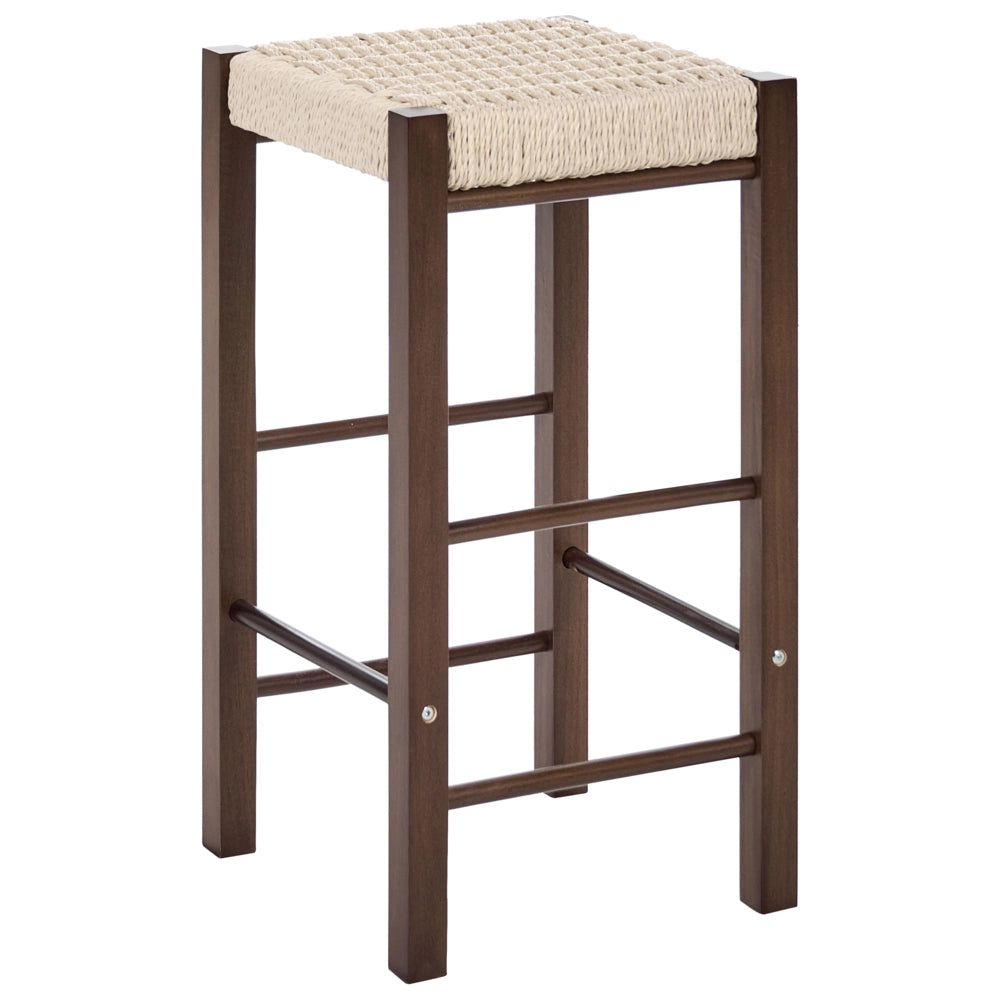 Set di 2 sgabelli da bar in legno di gomma marrone scuro con seduta intrecciata in stile boho per cucina e sala da pranzo