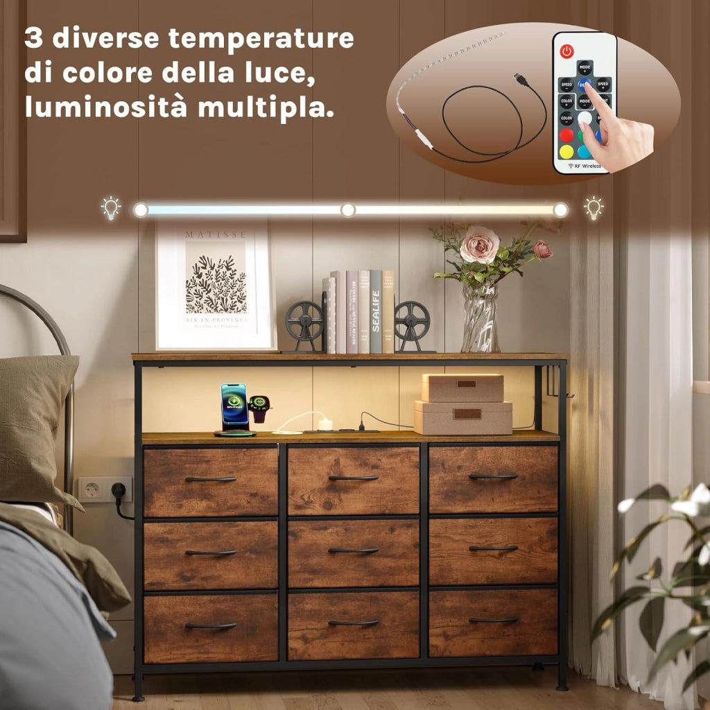 Comò 9 Cassetti, Mobile Contenitore con Multipresa e Illuminazione LED, Cassetti in Tessuto, 3 Ganci Laterali, Struttura in Metallo, 110x30x83,5 cm, Marrone Rustico + Nero