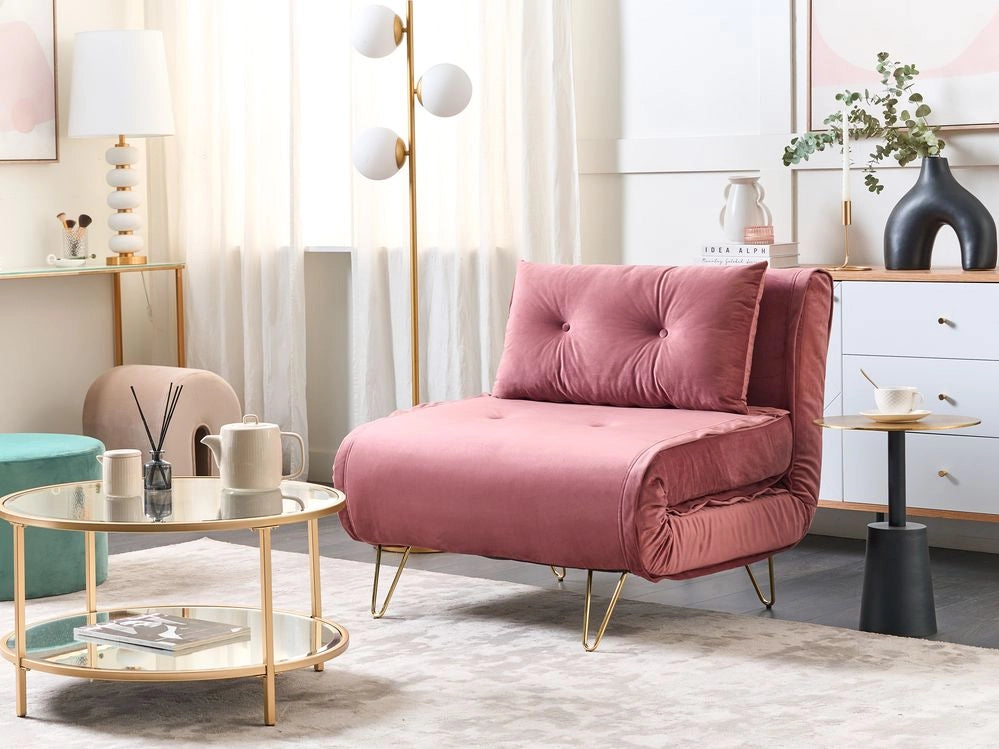 Divano letto 1 posto in velluto rosa con cuscino e gambe in metallo dorato pieghevole senza braccioli dorato glamour