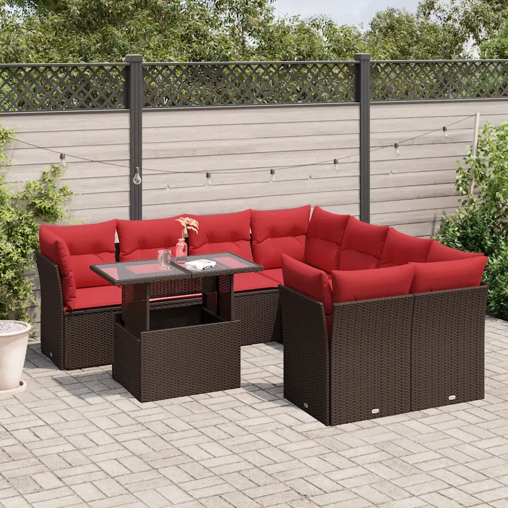Set Divani da Giardino 9 pz con Cuscini Marrone in Polyrattan 3266434