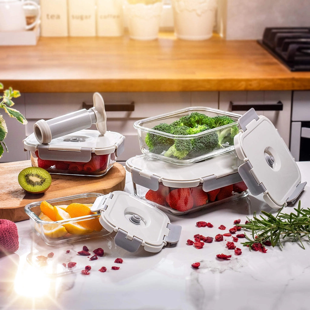 Contenitori sottovuoto in vetro KADAX per alimenti, adatti a frigorifero e microonde, con pompa, confezione da 4 pezzi.