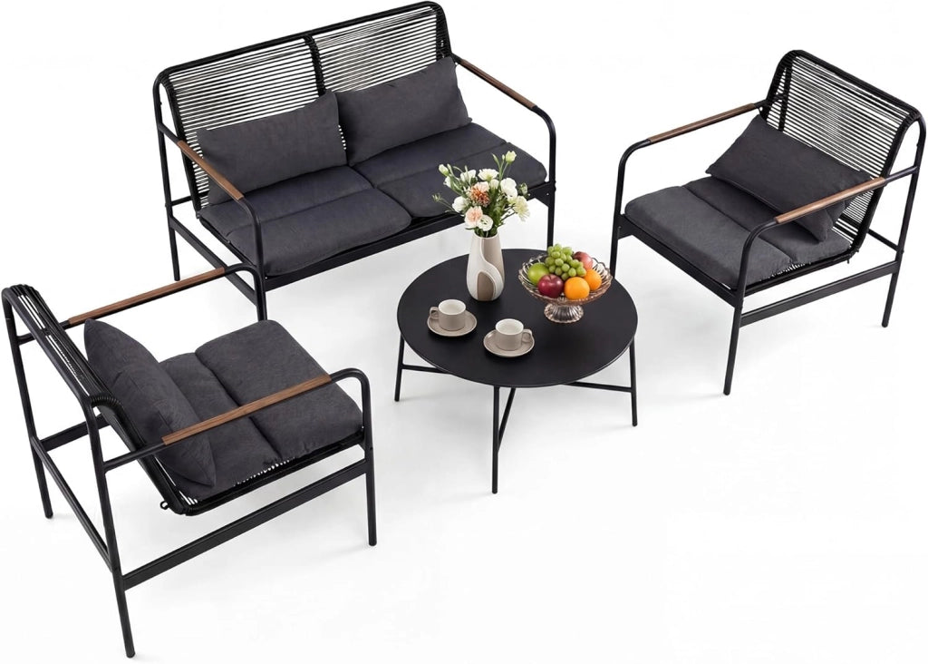 Set Salotto da Giardino 4 Pezzi in Rattan PE, Tavolo da Giardino con 2 Poltrone e Divano a 2 Posti, Set Mobili da Esterno con Struttura in Metallo e Cuscini Imbottiti, per Balcone e Patio