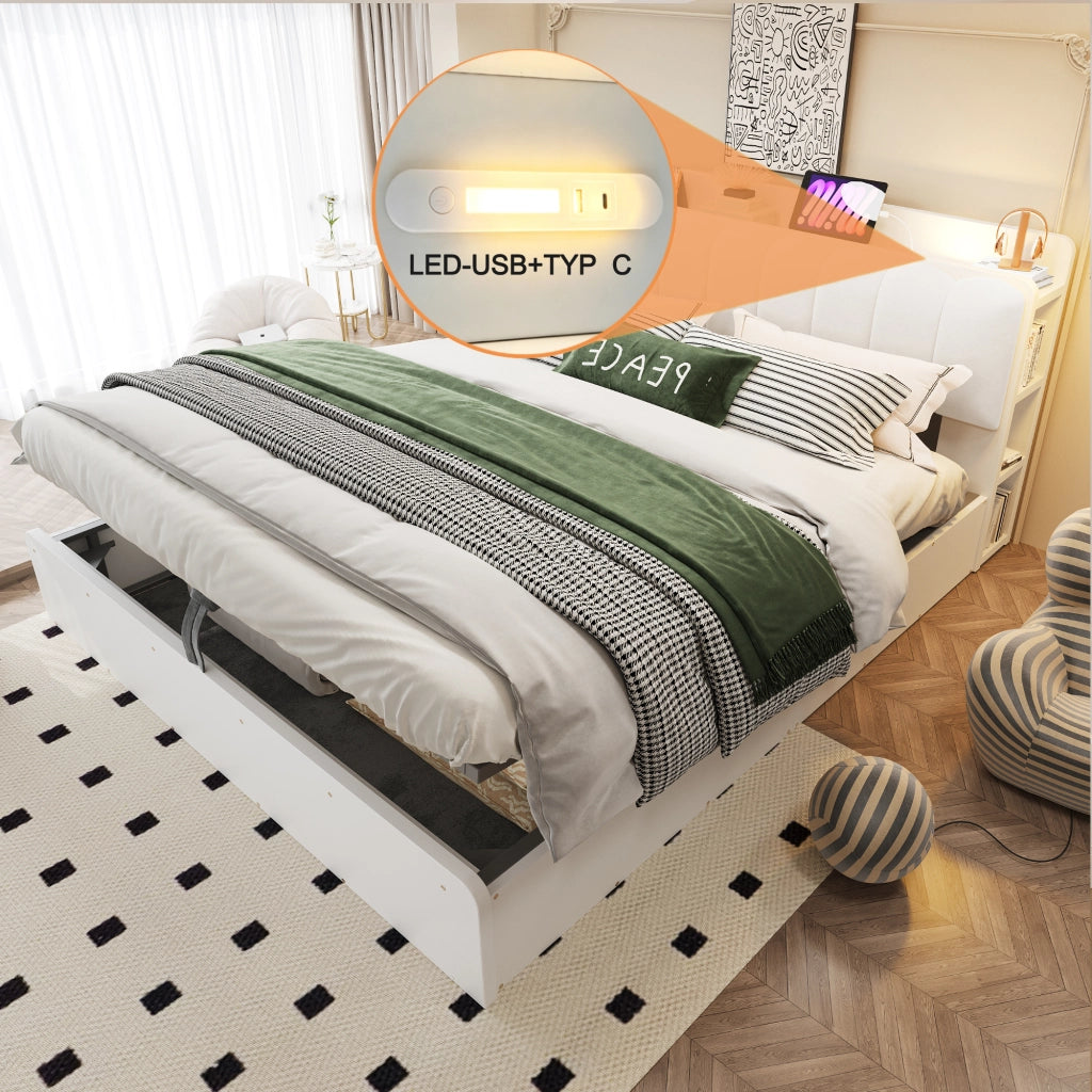 LETTO contenitore 180x200 cm in legno bianco con testiera imbottita e USB