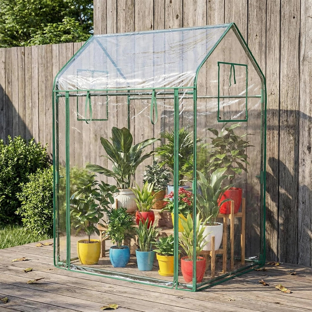 Mini Serra da Esterno ed Interno 129 x 80 x 173 cm, Serra per Pomodori con Copertura Trasparente in PVC, Rete per Ombreggiatura, Porta e Finestre, Ideale per Giardino, Cortile e Terrazzo