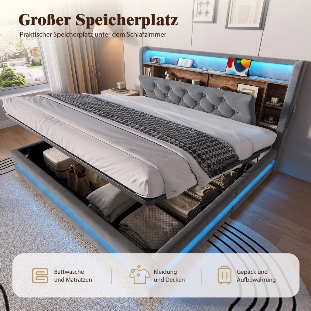 LETTO Contenitore 160x200 cm in velluto grigio scuro con testiera multifunzione