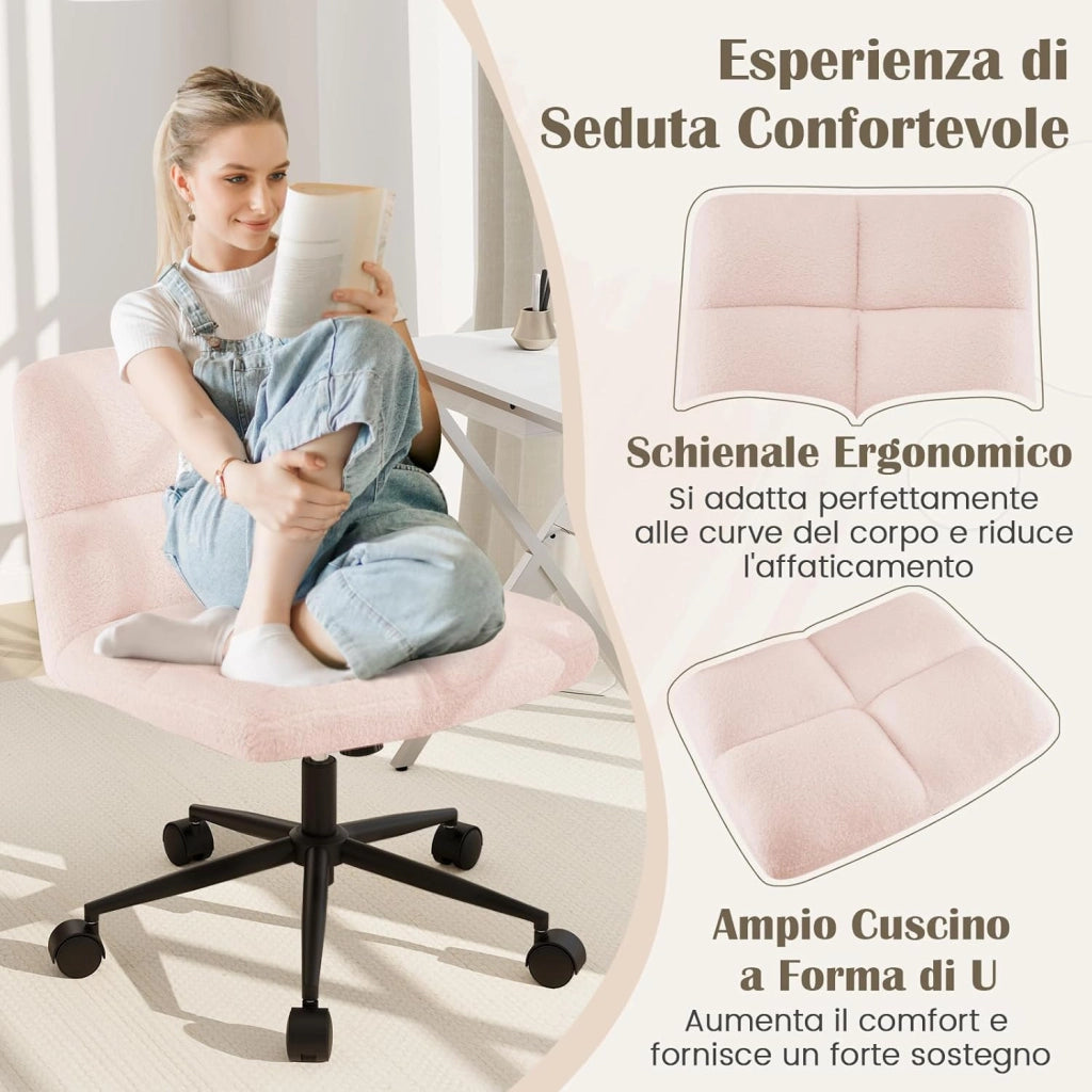 Sedia a Gambe Incrociate, Sedia da Ufficio con Ruote, con Seduta Riempita, Altezza Regolabile, Senza Braccioli, Portata 160 kg (Rosa)