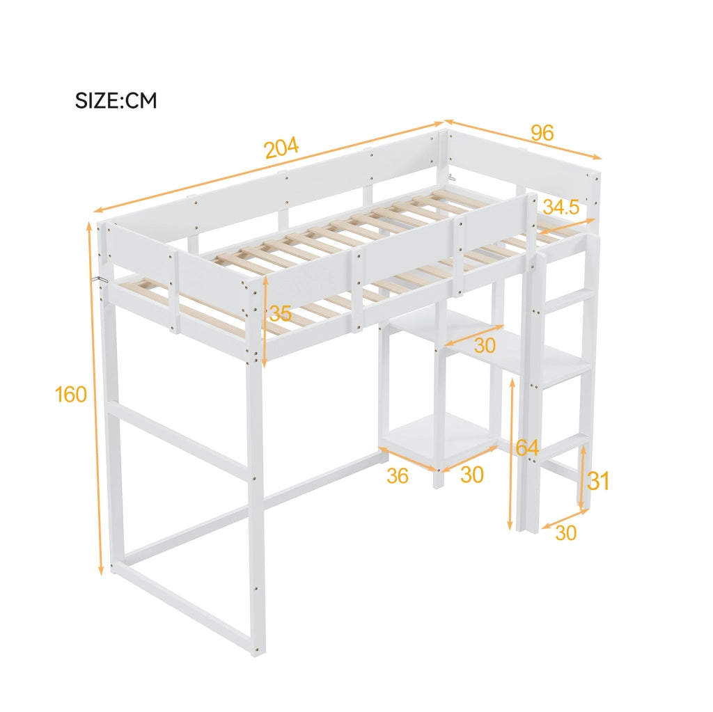 Letto a soppalco 90x200 cm con ripiano; in legno di pino massello bianco