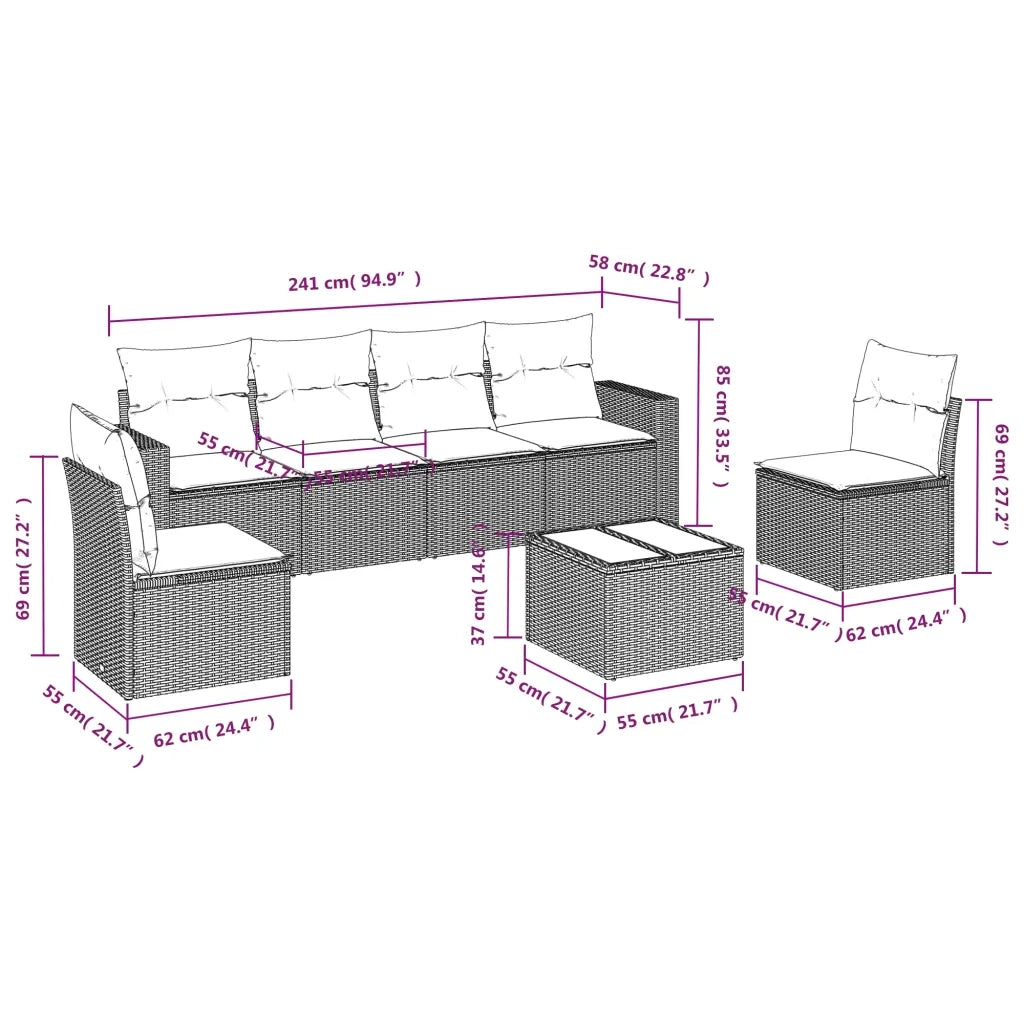 Set Divani da Giardino 7pz con Cuscini Grigio Chiaro Polyrattan