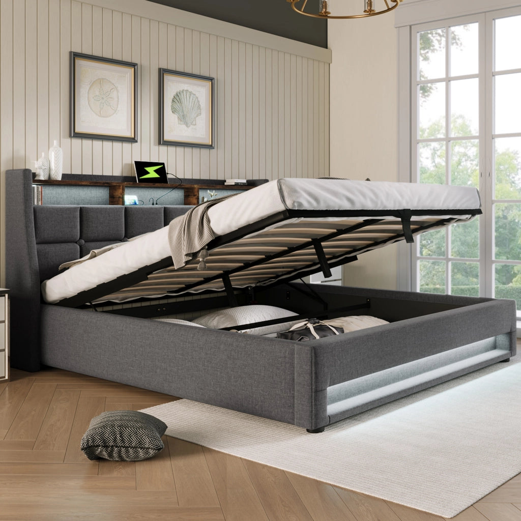 OKWISH Letto Contenitore 160×200 cm, Letto Matrimoniale con LED Regolabile, USB, Mensole e Contenitore, senza Materasso, in Lino, Grigio