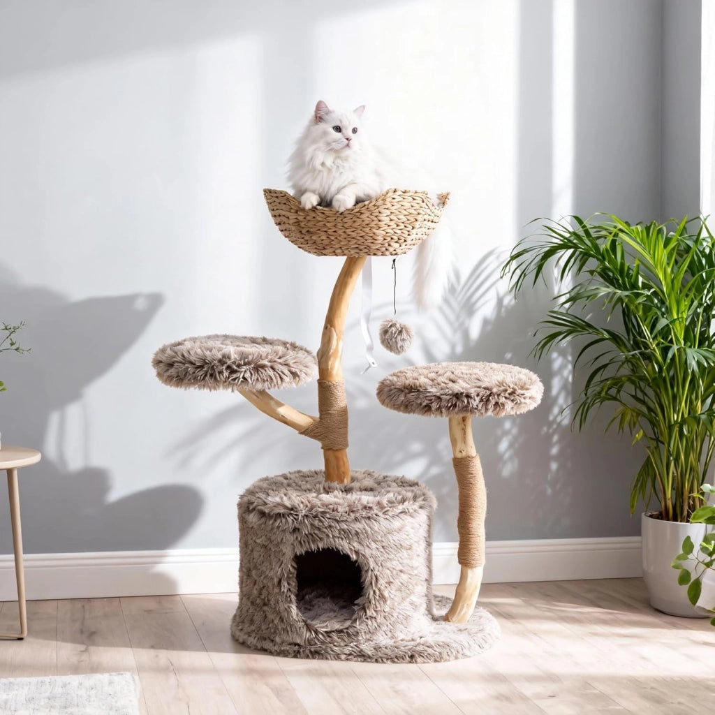 Tiragraffi per Gatti in Legno, 105 cm con 2 Posatoi e 1 Cuccia Grotta in Peluche, 1 Cesto di Vimini, 1 Pompon, Corda in Juta e Tronchi Naturali, Alberi per Gatti Stabile, Marrone