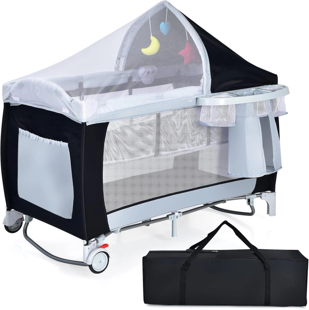 Lettino Campeggio per Bambini, Lettino da Viaggio Pieghevole con Fasciatoio, Culla Lettino per Neonati, con Giocattoli, Zanzariera, Box Portatile con Borsa, per Bambini 0-36 Mesi (Grigio)
