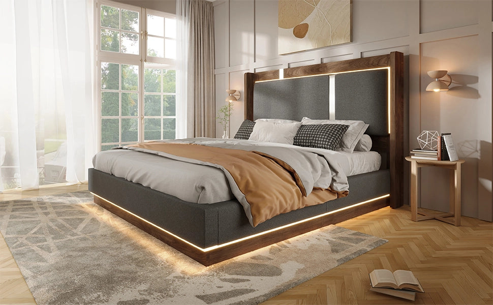 DESMIU Letto contenitore 140 × 200 cm 2 posti con LED, apertura idraulica e senza materasso, in lino, grigio