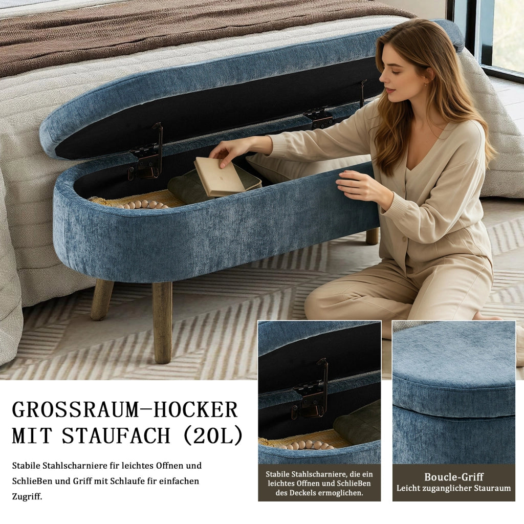 Panca contenitore in chenille con vano portaoggetti da 20 l e struttura in legno massello blu 110 × 40 × 42 cm