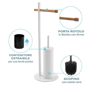 Piantana Portascopino e Porta Rotolo Bianca in Legno di Bambù