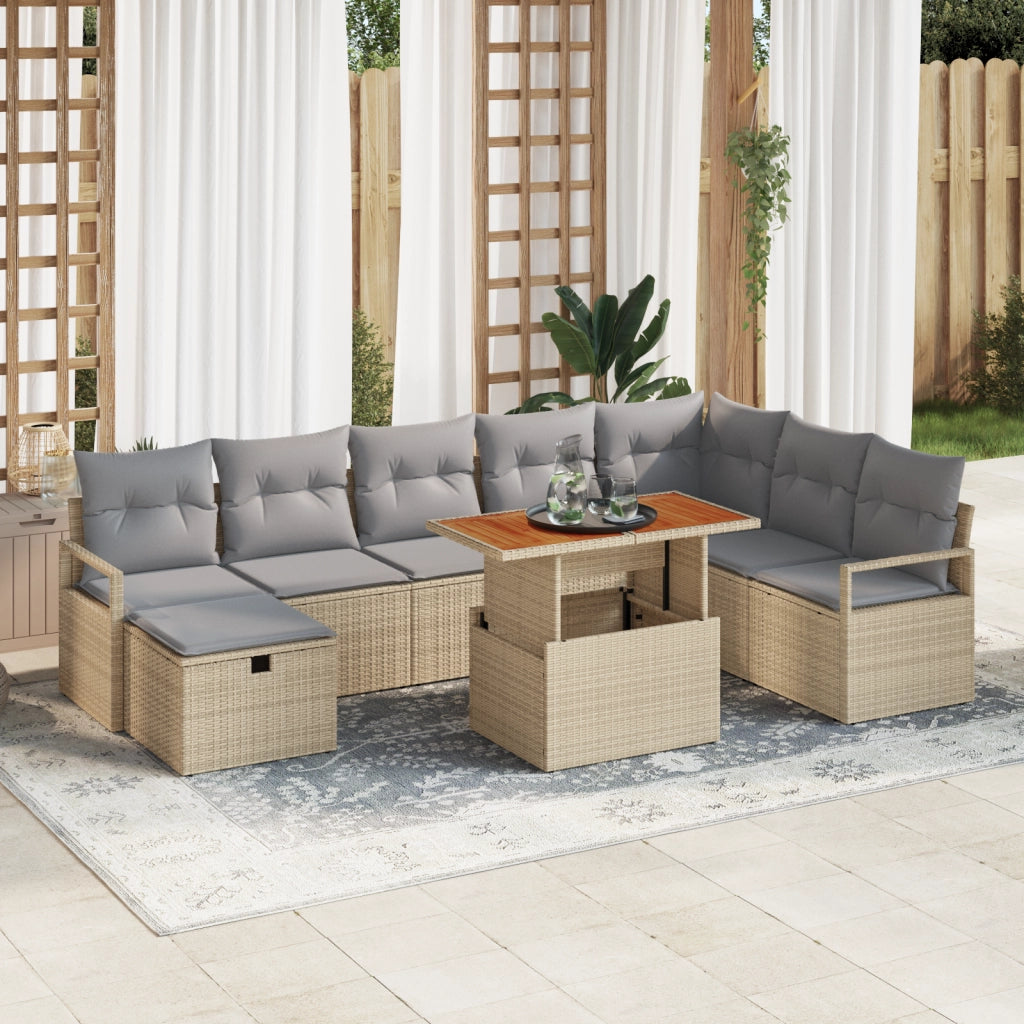 Set Divano da Giardino da 9 Pezzi con Cuscini Rattan Sintetico Beige