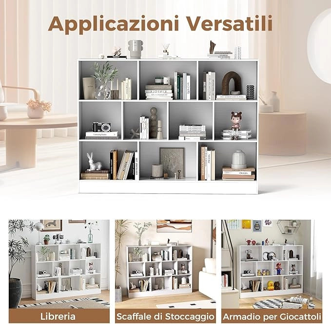 COSTWAT Libreria a 10 Cubi, Organizzatore di Stoccaggio a 3 Ripiani con 2 Kit Anti-Ribaltamento, Scaffale Multiuso in Legno per Soggiorno Camera da Letto Ufficio, 140x24x104 cm (Bianco)
