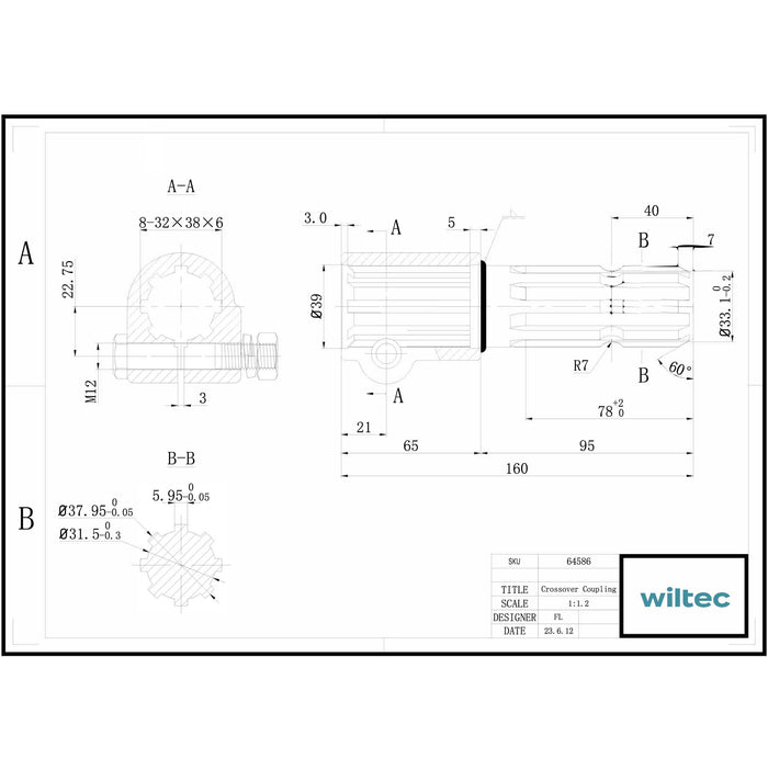 Boccola albero cardanico 160mm con attacco albero scanalato 8-32x38x6 per albero di uscita 8-32x38x6