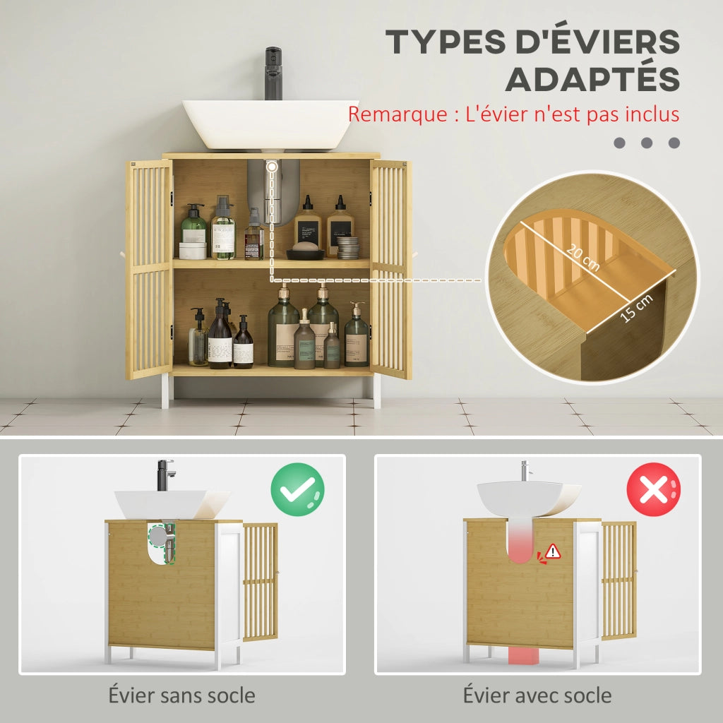 Mobile Sottolavabo 2 Ante con Ripiano Regolabile ¨C zephmum ¨C 60x30x70 cm MDF e Bamb¨´