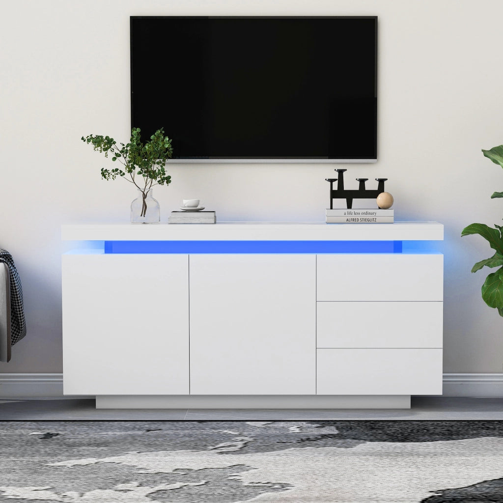 Credenza bianca lucida con LED e app per soggiorno con 2 ante e 3 cassetti in truciolare