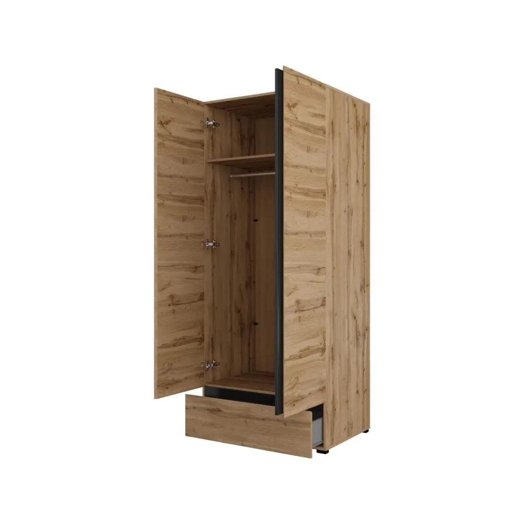 Armadio HAVANA 90 cm – Rovere e nero – 2 porte + 1 cassetto – Organizzazione compatta dallo stile naturale