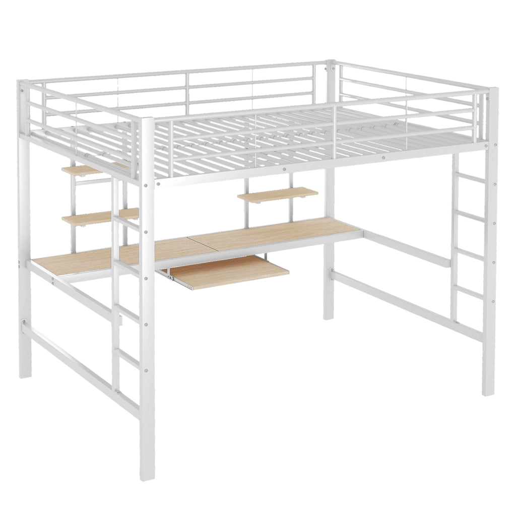 Letto a Soppalco Letto Matrimoniale con Scrivania; 2 Scaffali e Ripiano Tastiera; 140 x 200 cm; senza Materasso; Bianco