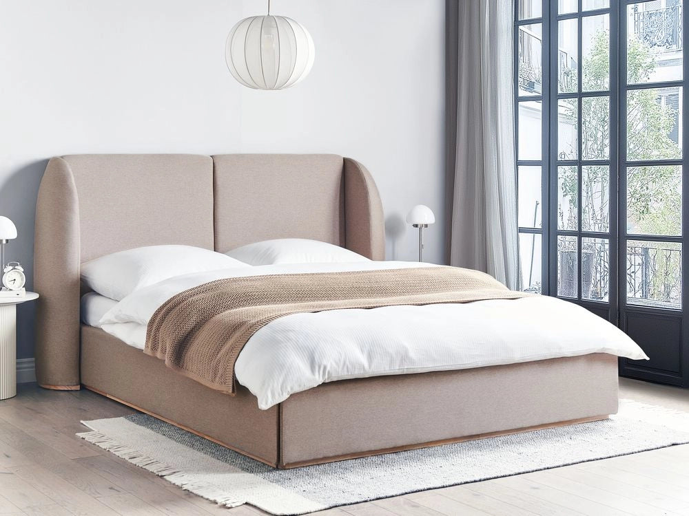 Letto matrimoniale con contenitore rivestito in tessuto tortora con ampia testata 160 x 200 cm camera da letto elegante