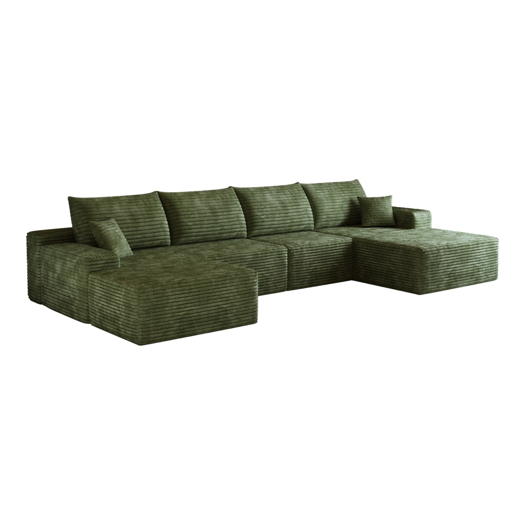 Divano angolare modulare con chaise longue e seduta profonda in tessuto a coste verde
