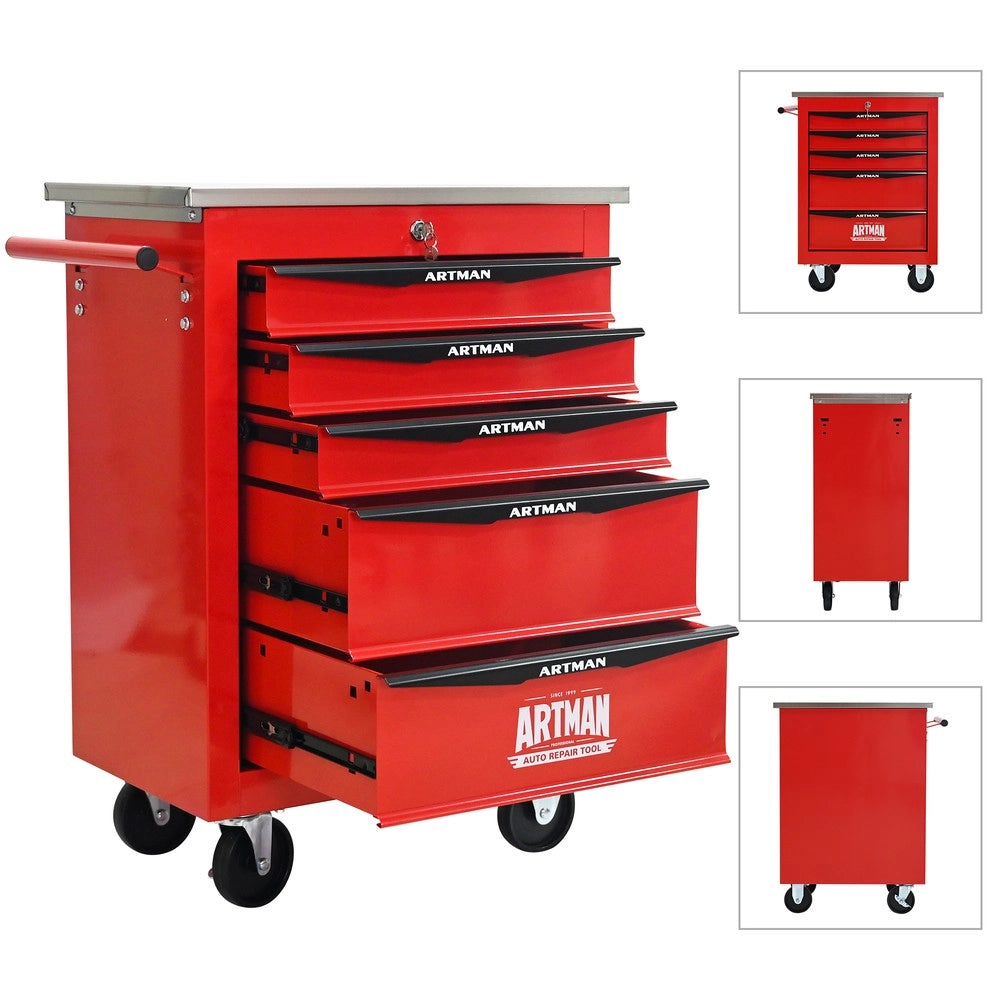 Carrello Portautensili 5 Cassetti con Ruote ¨C MINIMAL ¨C Acciaio Inox, Rosso e Nero
