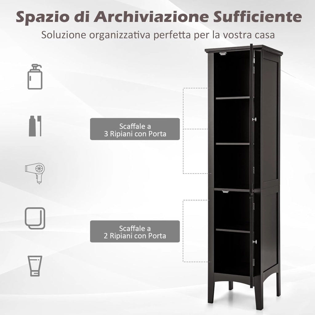 Mobile da Bagno Alto con 2 Ante 37 x 37 x 160cm, Armadio da Terra con 5 Vani, Mobile Colonna per Bagno Cucina Soggiorno (Marrone)