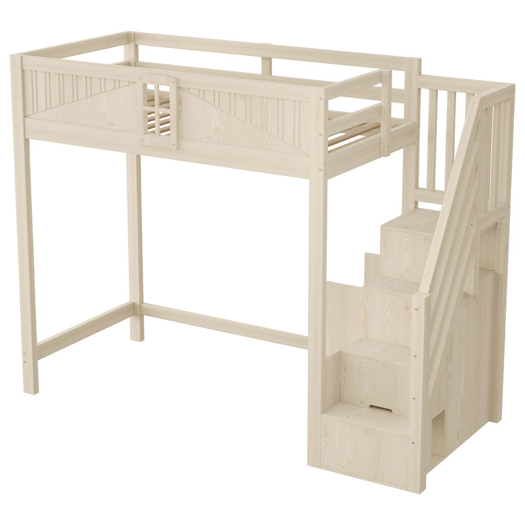 Letto a soppalco singolo 90×200 cm con scala laterale; ripiani e rete di sicurezza; senza materasso; legno naturale