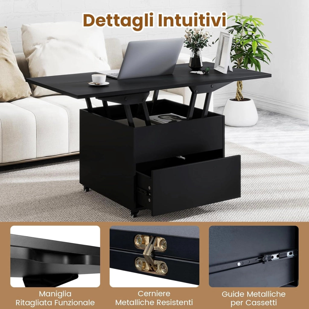 Tavolino da Caffè con Piano Sollevabile, Tavolo Moderno 3 in 1 Pieghevole con Contenitore Nascosto, Cassetto e Ruote Girevole 360°, Tavolino Versatile per Soggiorno e Ufficio (Nero)