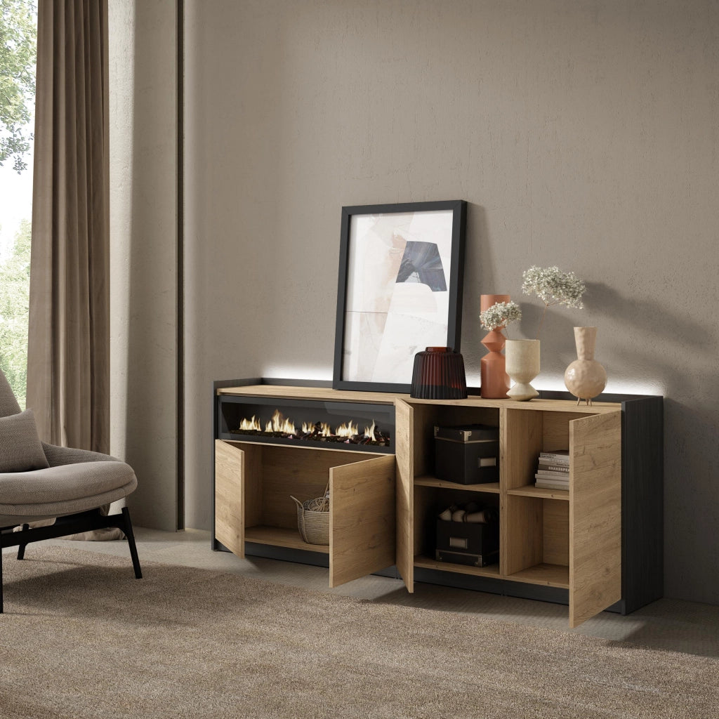 Credenza, Mobile, Cucina, 207x80x37 cm, 4 Porte, Camino elettrico, LED, Rovere e nero