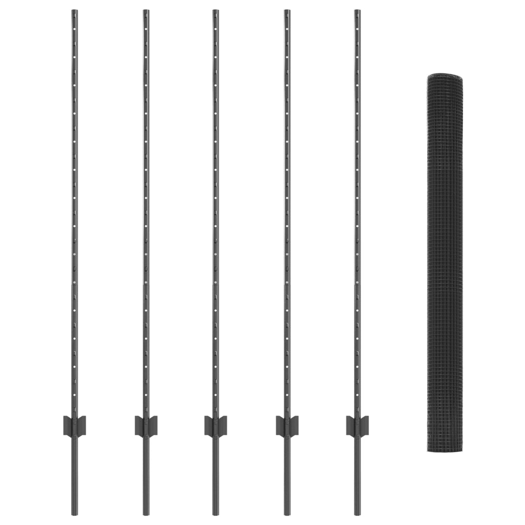 Recinzione in Rete Saldata con 10 Pali U Grigio 1.4x10 m Acciaio