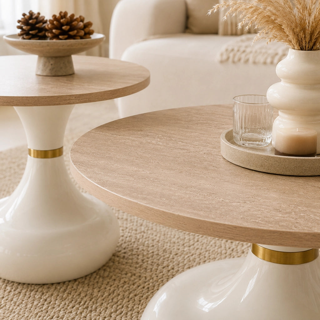 Set 2 tavolini da caffè sovrapponibili in MDF e metallo; effetto legno; ?70 e ?50 cm