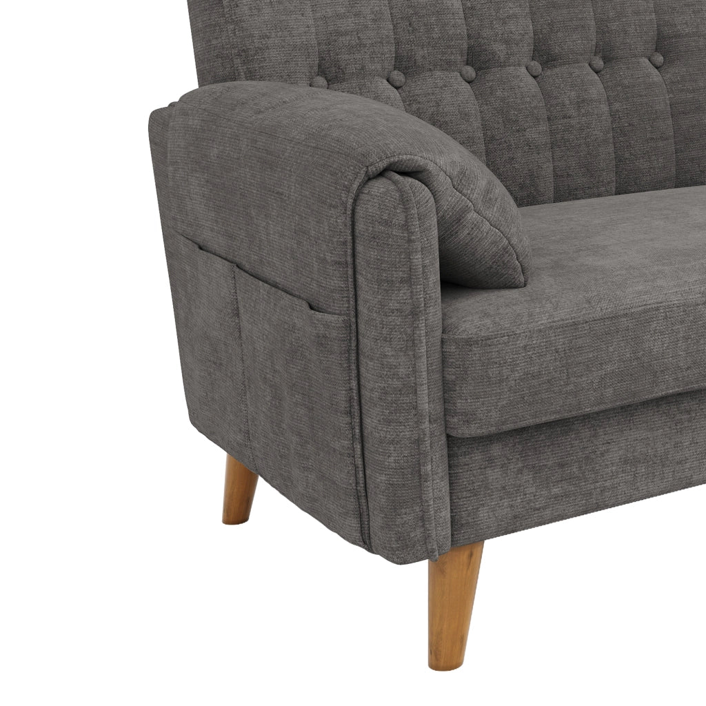 Divano a 2 posti in chenille con schienale trapuntato e cuscini bracciolo, gambe in legno massello grigio chiaro