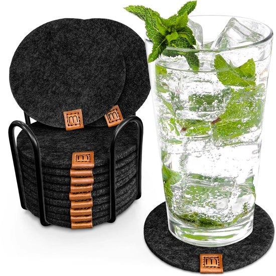 Design Vilt per Onderzetters Rond | Set di 12 + Supporto | Onderzetters Duraturi Oekotex per Drinchi, Candelabri, Tazze, Bar e Calici | Decorazione da Tavola | Nero