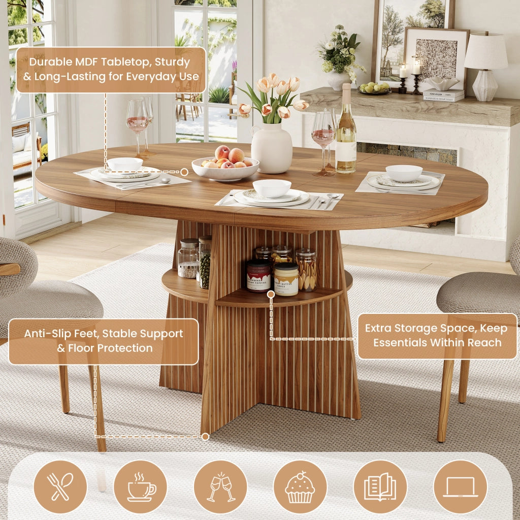 Tavolo allungabile rotondo per 2-8 persone con ripiano contenitore, in MDF, finitura noce, 110-150 × 110 × 77,5 cm