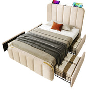 Letto singolo 90x200 in lino beige con 4 cassetti， USB-C e materasso