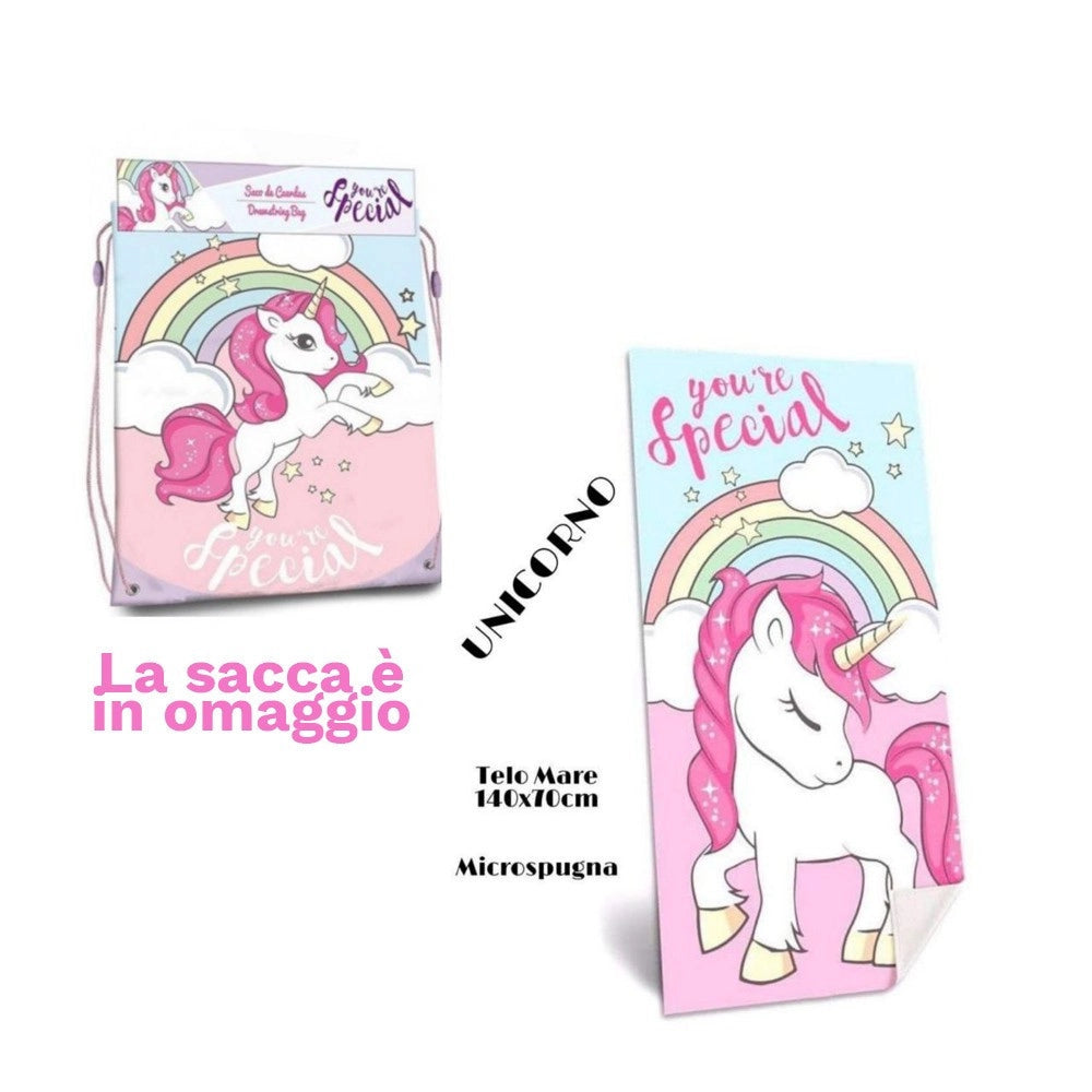 Trade Shop - Telo Mare In Cotone Unicorni + Sacca In Omaggio Asciugamano Mare Piscina Bambine -