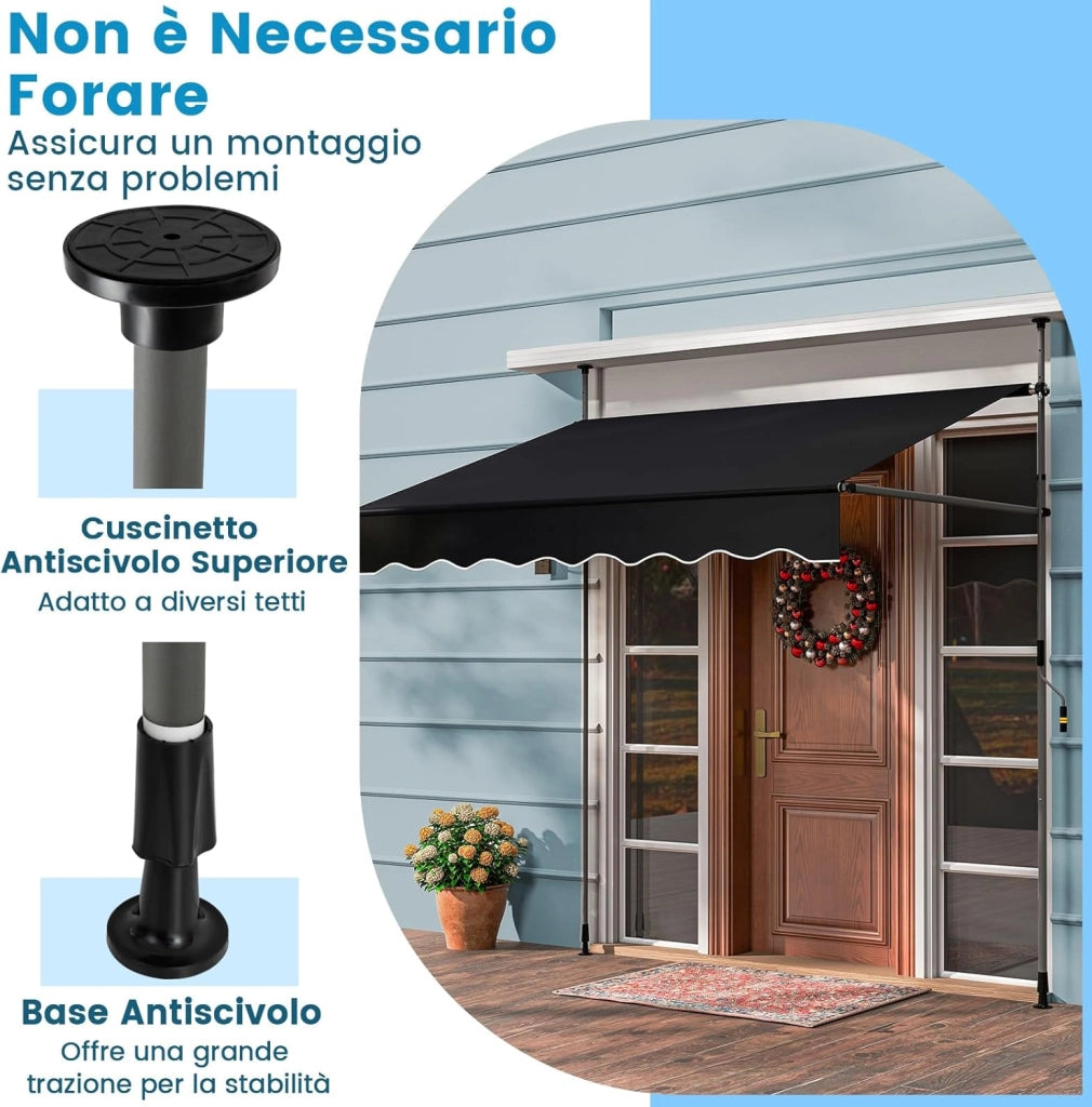 Tenda da Sole a Morsetto, Tenda per Balcone Senza Foratura Altezza e Inclinazione Regolabili con Manovella, Telo Impermeabile e Resistente ai Raggi Solari e Telaio Antiruggine (2,5M,Nero)