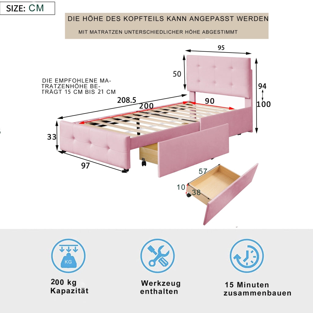 OKWISH Letto Singolo 90×200 cm, Letto Bambini con 1 Cassetto, Testiera e Rete a Doghe, senza Materasso, Imbottito, Rosa