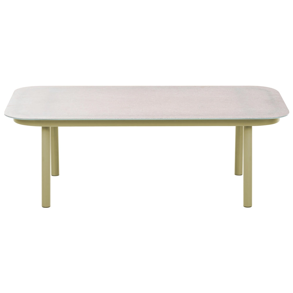 Divano da esterno con tavolino da 4 posti struttura in alluminio,piano ovale in metallo cuscini verde e beige chiaro