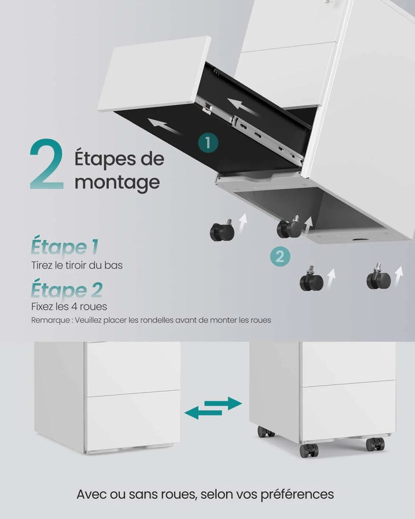 Cassettiera mobile per ufficio con serratura e 3 cassetti 39 x 45 x 55 cm contenitore preassemblato per documenti e cancelleria per ufficio o home office bianco 12_0004824