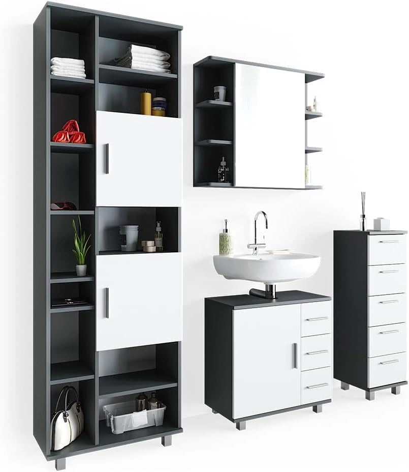 Set mobili bagno Ilias, Antracite, 60 cm, composto da mobile lavabo, pensile a specchio, colonna e base media