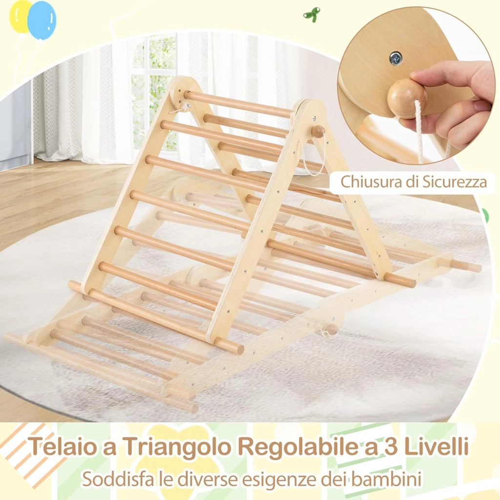 Set di Arrampicata per Bambini 3 in 1, Arrampicata in Legno Pieghevole con Rampetta a Doppia Faccia e Triangolo di Arrampicata Regolabile, Triangolo Montessoriana per Bambini 3+ Anni