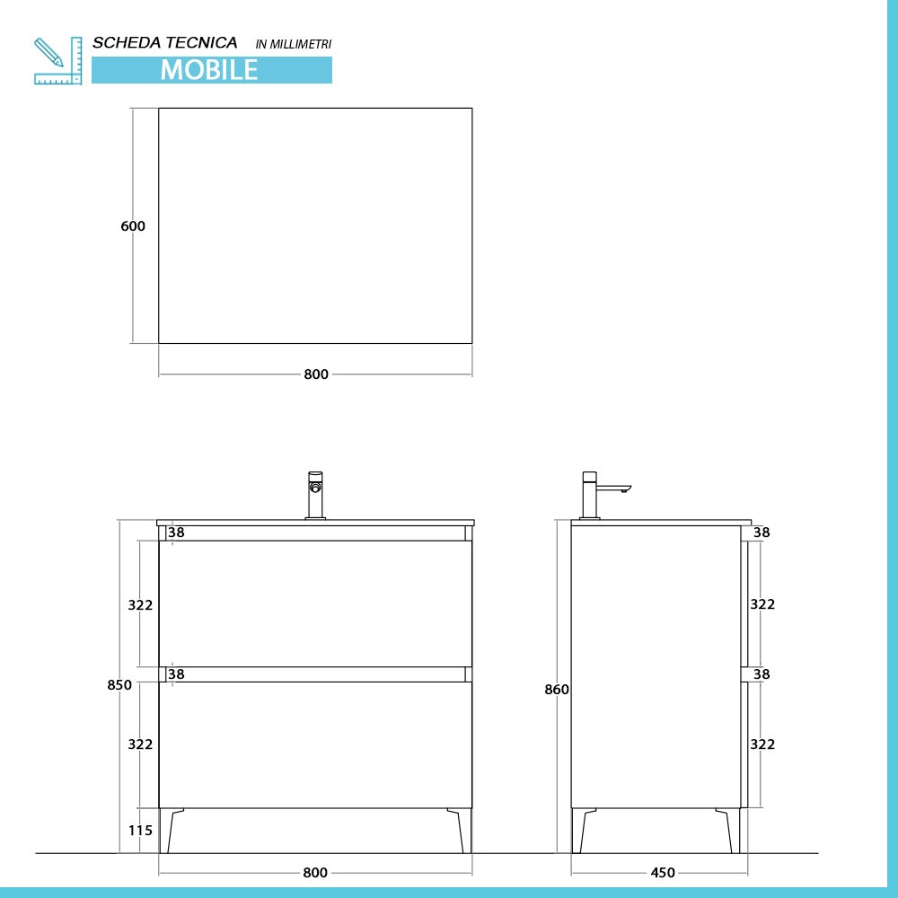Mobile bagno a terra 80 cm bianco e rovere con cassetti soft-close Kleo