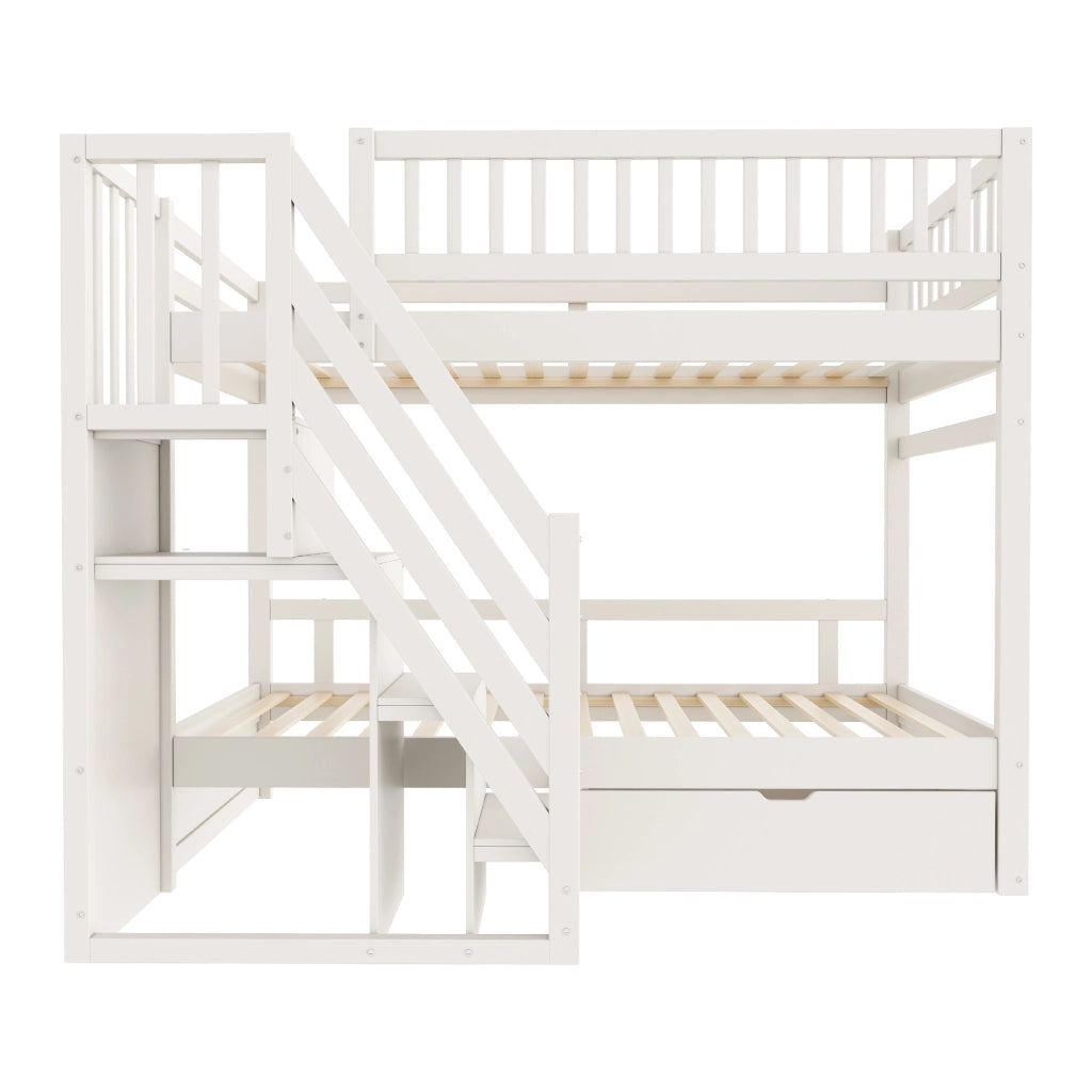 OKWISH Letto a Castello 90×200 cm, Letto Singolo con Scala Contenitore, Cassetti e Sponda Alta, senza Materasso, Legno, Bianco