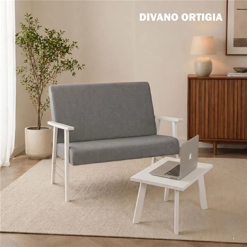 SET SALOTTO DA GIARDINO CON DIVANO, 2 POLTRONE + TAVOLINO IN LEGNO BIANCO E TESSUTO COLORE GRIGIO