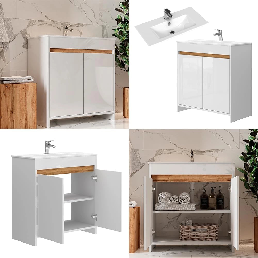 Set di mobili da bagno Lemgo, Bianco lucido, 79.8 cm, composto da mobile sottolavabo e lavabo